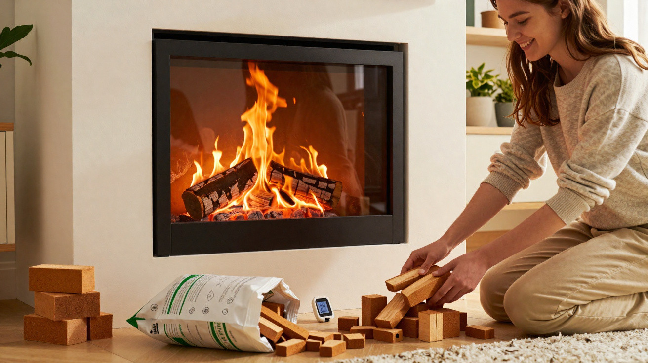 Woman kneeling by a lit fireplace, arranging wooden blocks on the floor near a bag of fire starters.