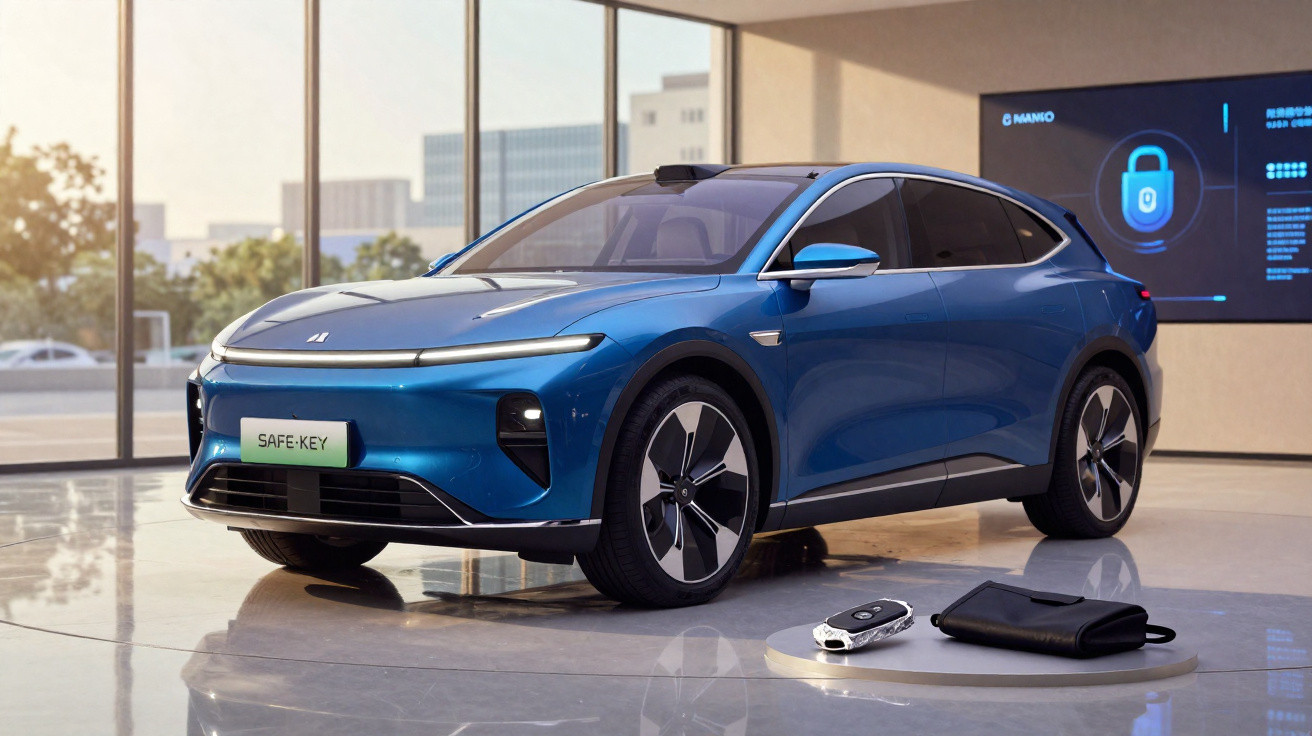 Blue modern electric SUV on display indoors with digital key and screen showing security icon in background