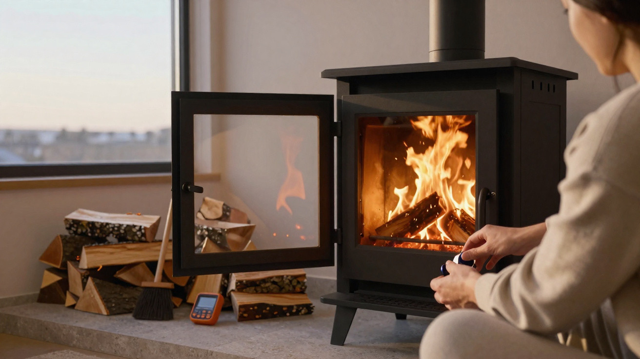 Person sitting by a modern wood-burning stove with fire inside and stacked logs nearby.