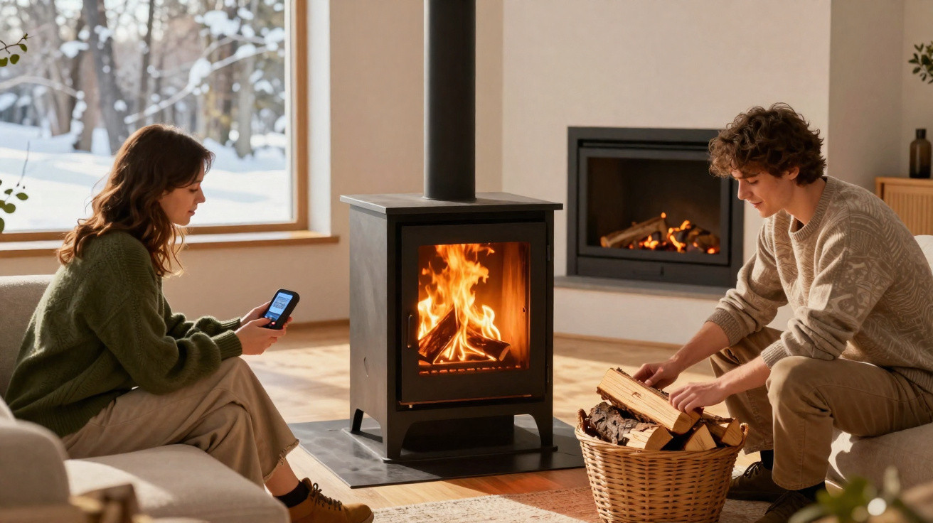 Two people sitting beside a lit wood-burning stove in a cosy living room with winter scenery outside.