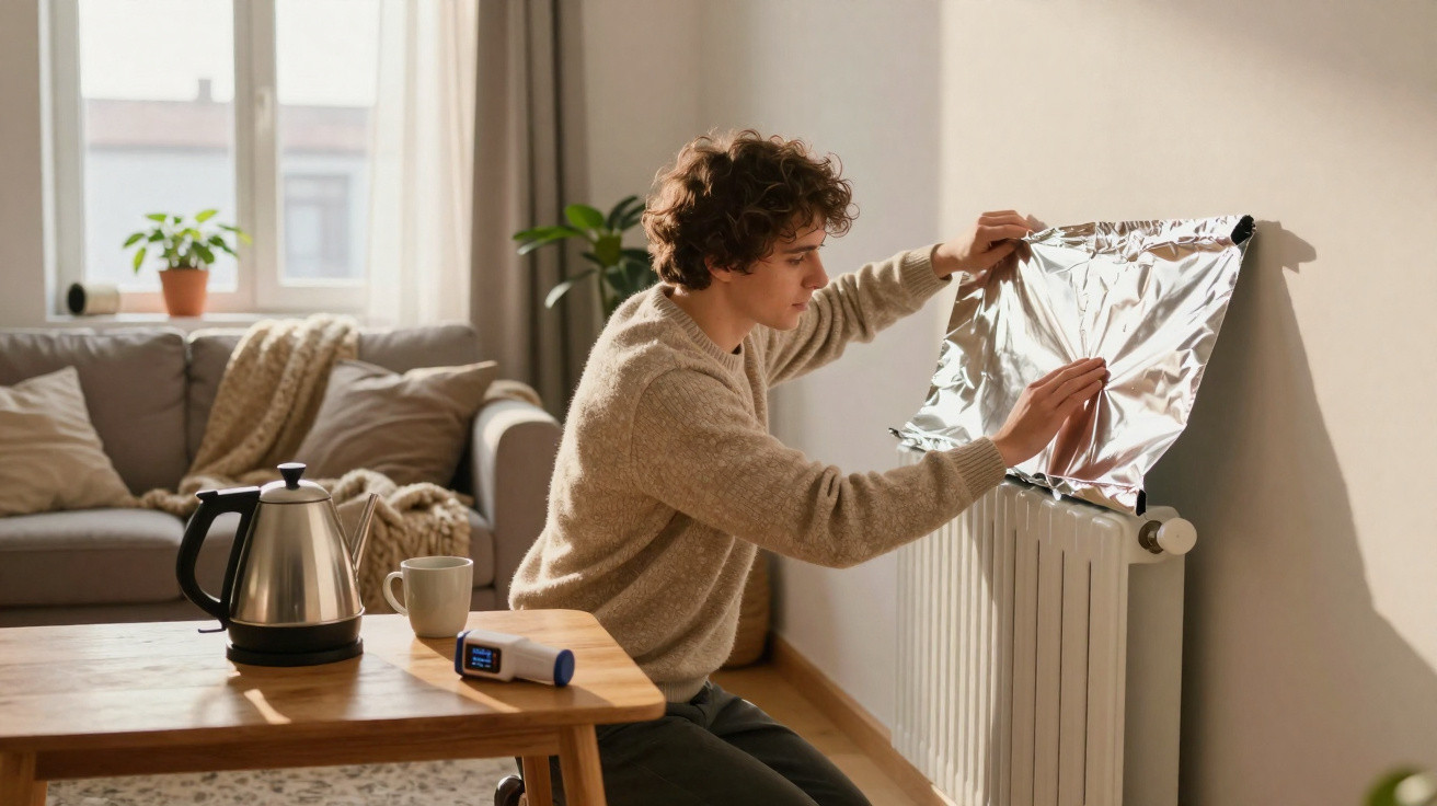 Young man applying reflective insulation foil to a home radiator in a living room.