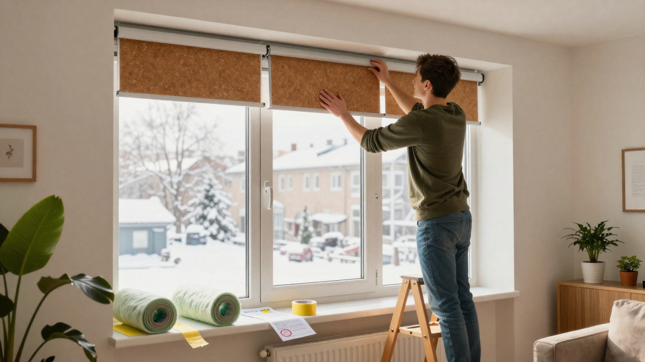 Man fitting brown window blinds in a bright room with snow visible outside the window.
