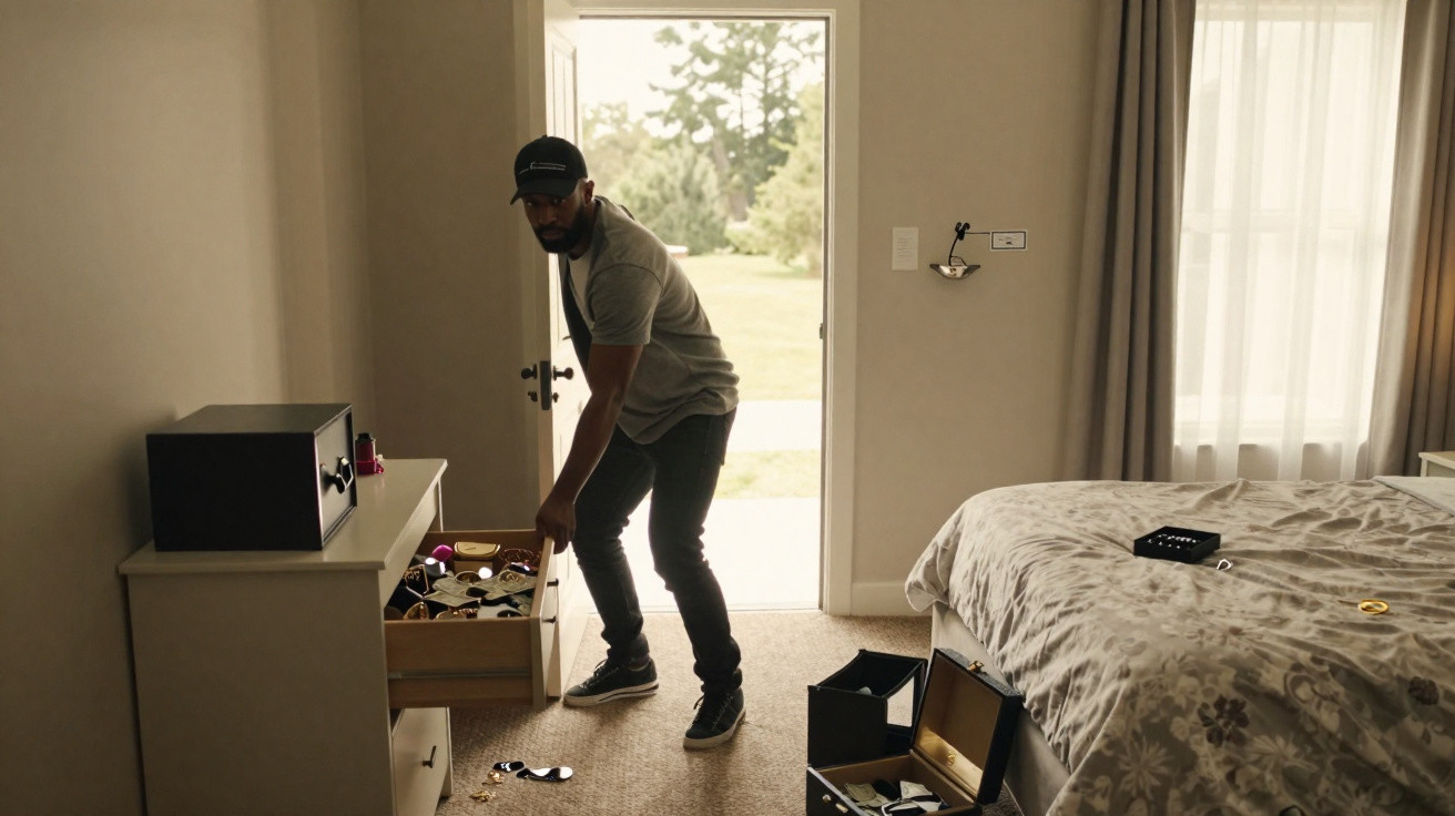 Man wearing a cap rummaging through a drawer in a bedroom with stolen valuables scattered around.