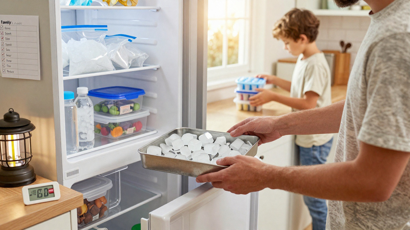 Person holding tray of ice cubes near open fridge with child holding egg tray in background