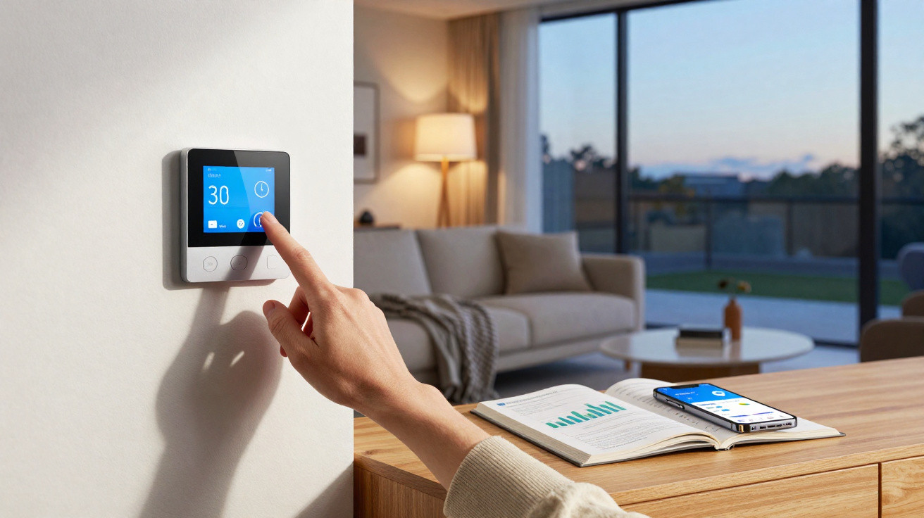 Person adjusting a smart thermostat on a wall in a modern living room with a sofa and large windows at dusk.