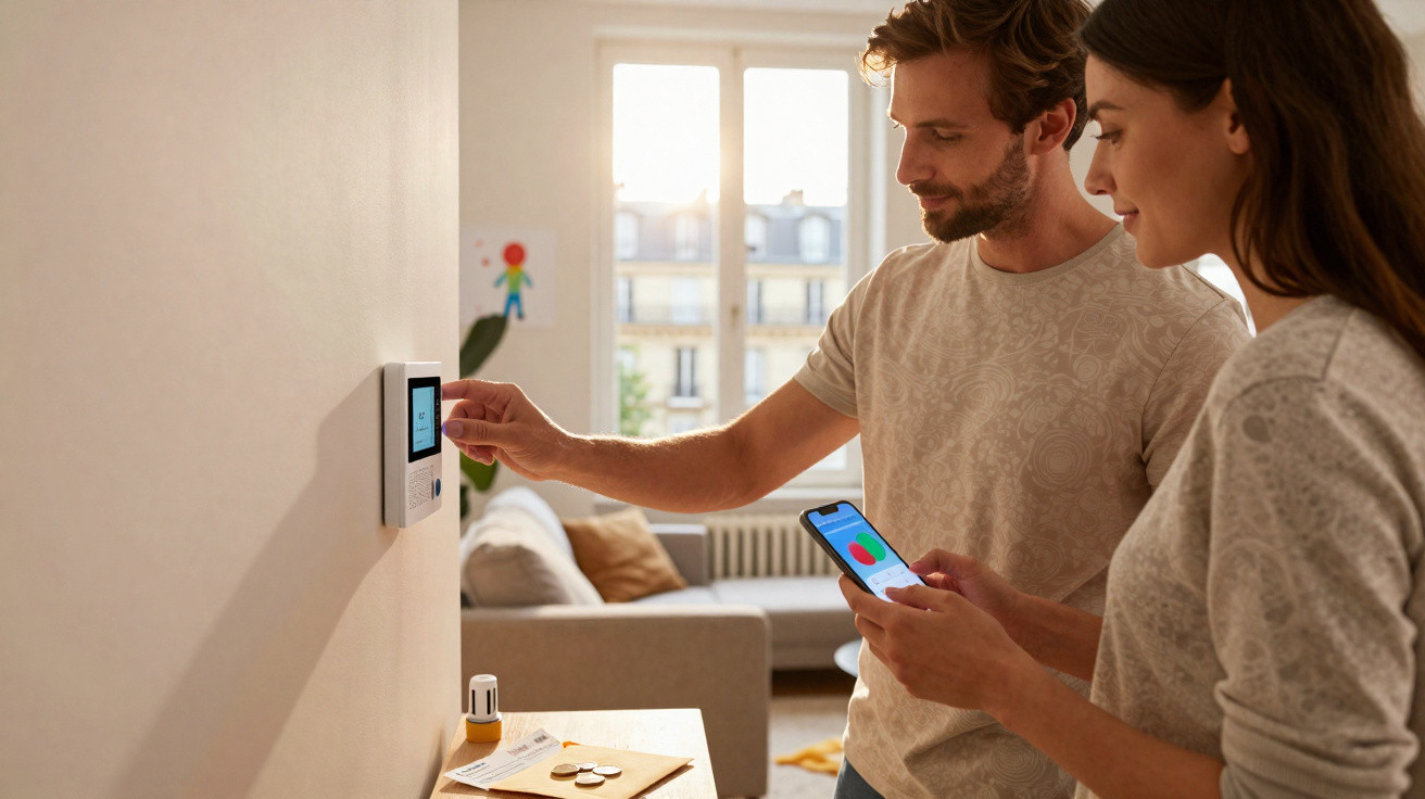 Couple in living room using smart thermostat and smartphone app to adjust heating settings.