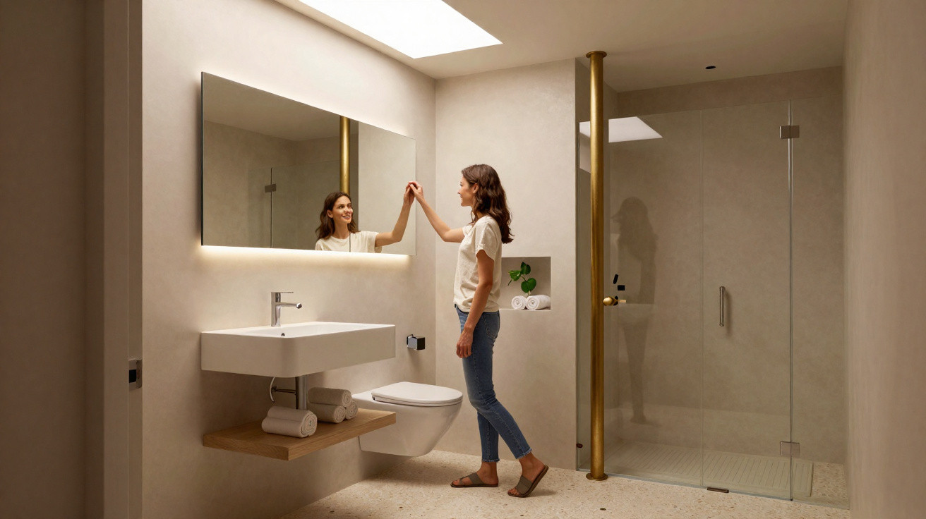 Woman standing in a modern minimalist bathroom with beige tones, a large mirror, and glass shower enclosure.