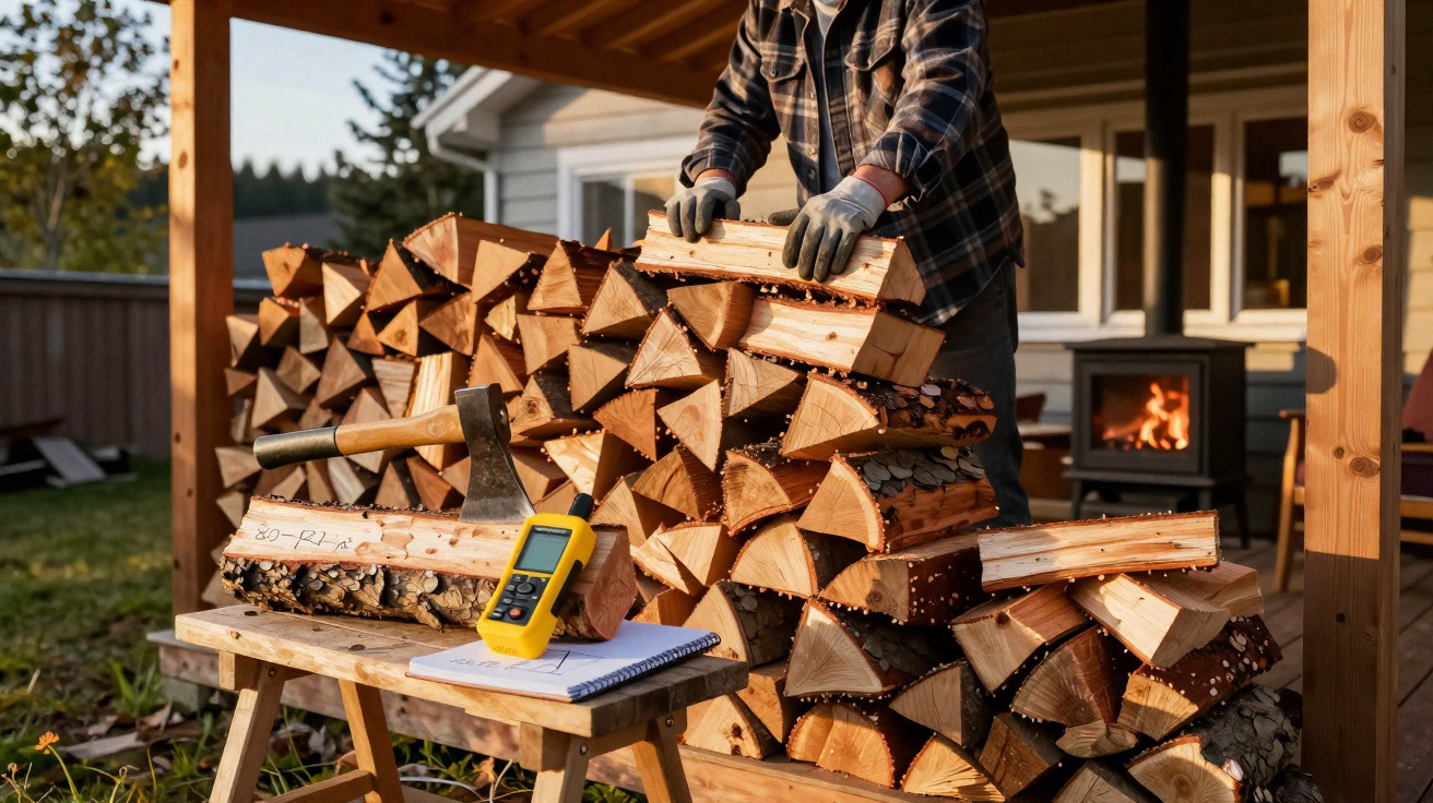 Person stacking firewood under a shelter next to a wood-burning stove with an axe and a device on a table.