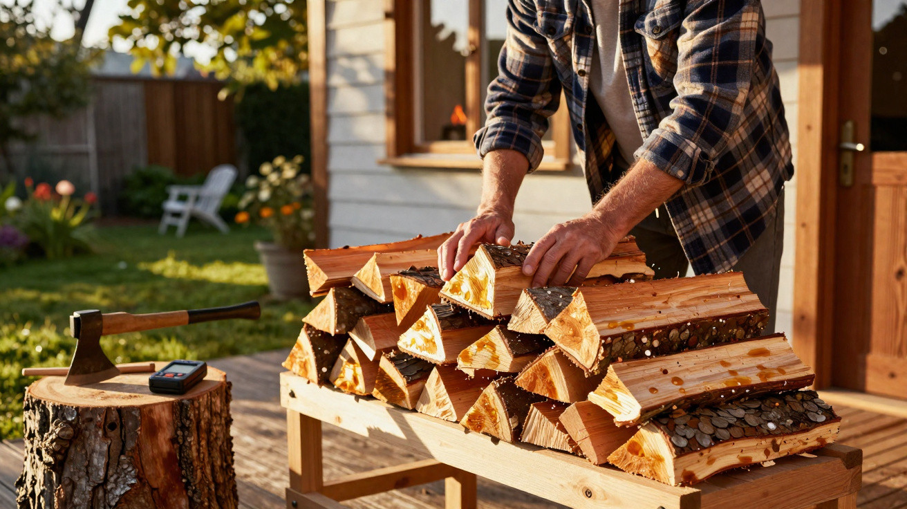 Person stacking split firewood on a wooden table outside a house on a sunny day.