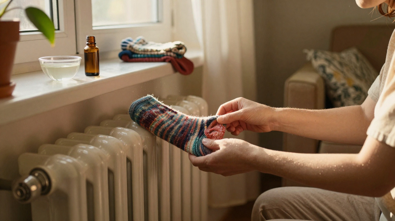 Person drying a colourful woollen sock holding it near a warm radiator by a window with folded clothes nearby.