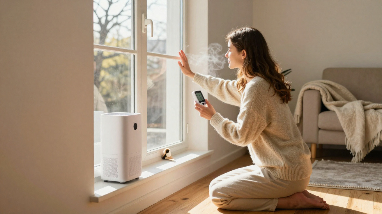 Woman kneeling by a window adjusting a white humidifier releasing mist in a cosy living room.