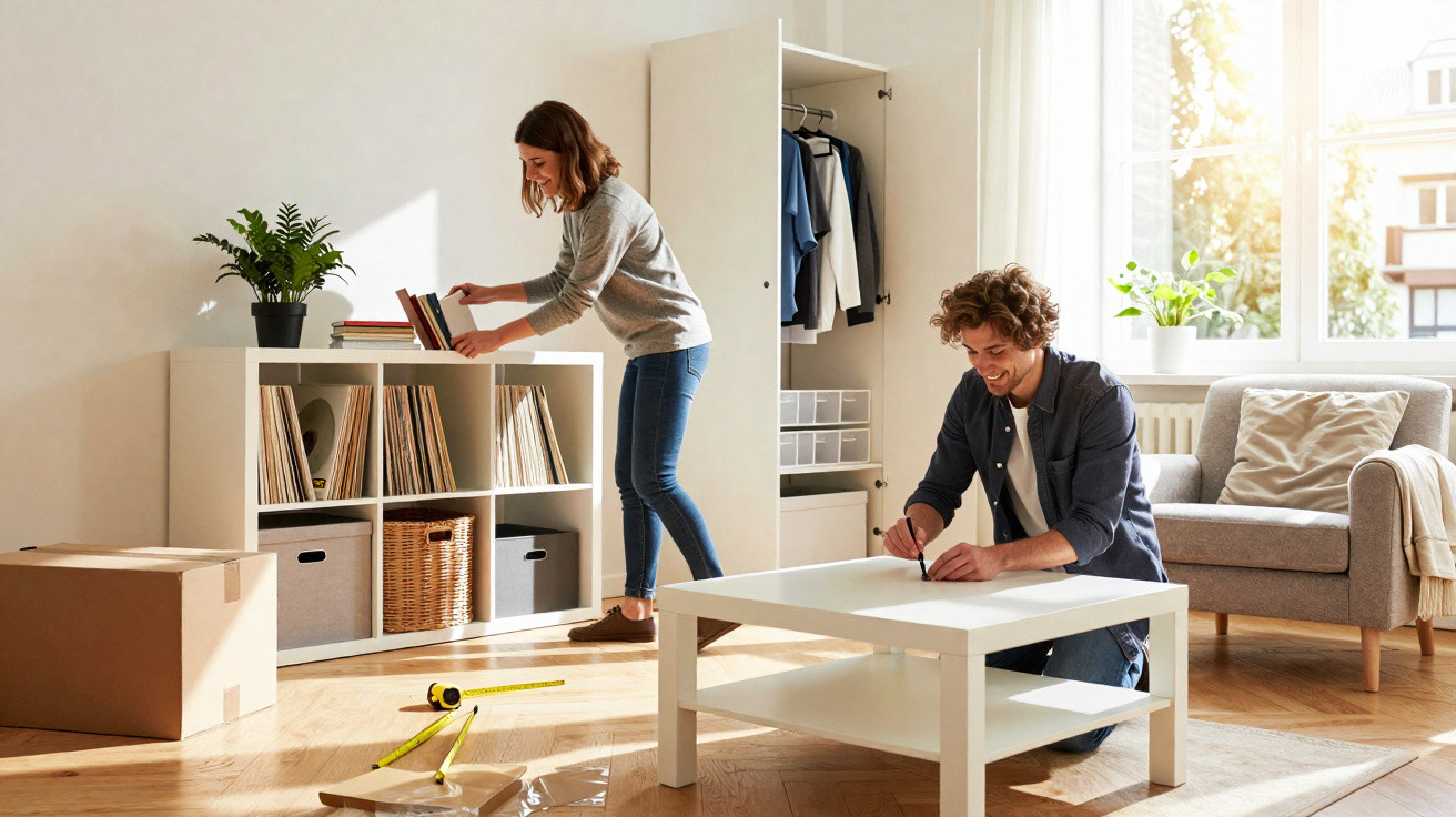 Couple unpacking and assembling furniture in a bright living room with wooden floor and large window.