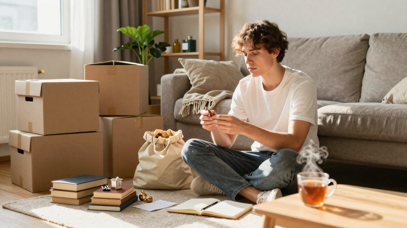 Young man sitting on the floor among moving boxes, sorting items in a bright living room with a steaming cup of tea nearby.