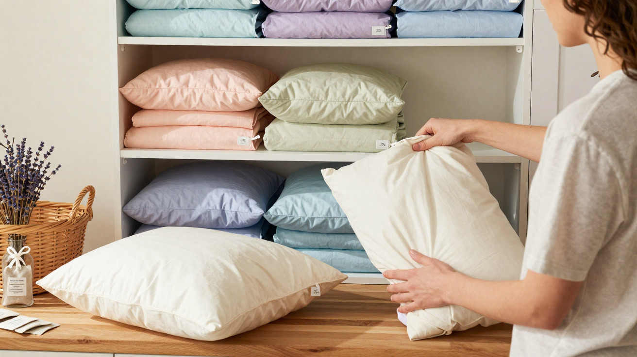 Person holding a white pillow in front of shelves with neatly stacked coloured pillows in a home setting.