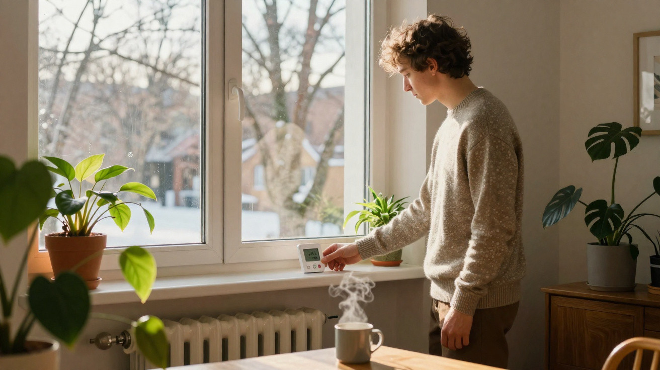 Young man adjusting a thermostat on a windowsill in a cosy room with potted plants and a steaming mug.