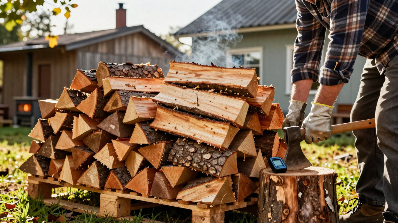 Person chopping wood with an axe next to a large stacked pile of firewood on wooden pallets outdoors.