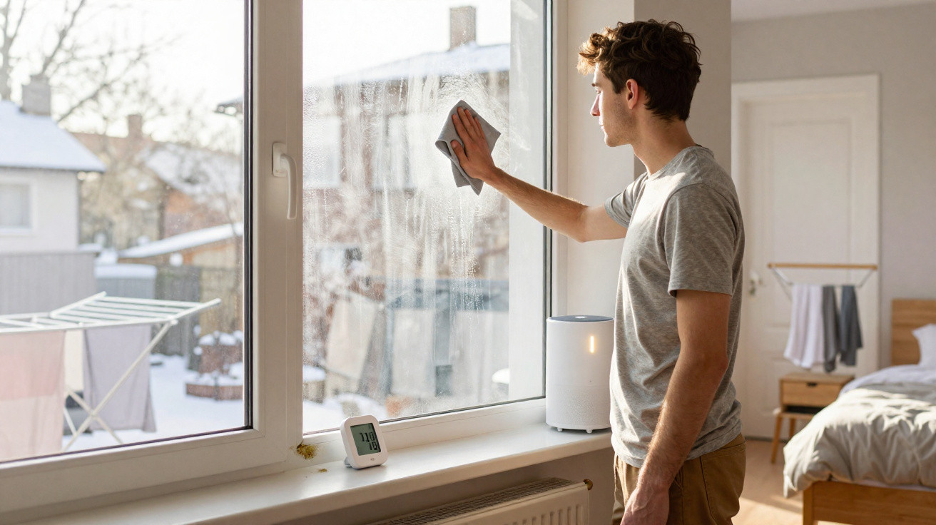 Young man cleaning a large window in a bright bedroom with snowy outdoors visible.