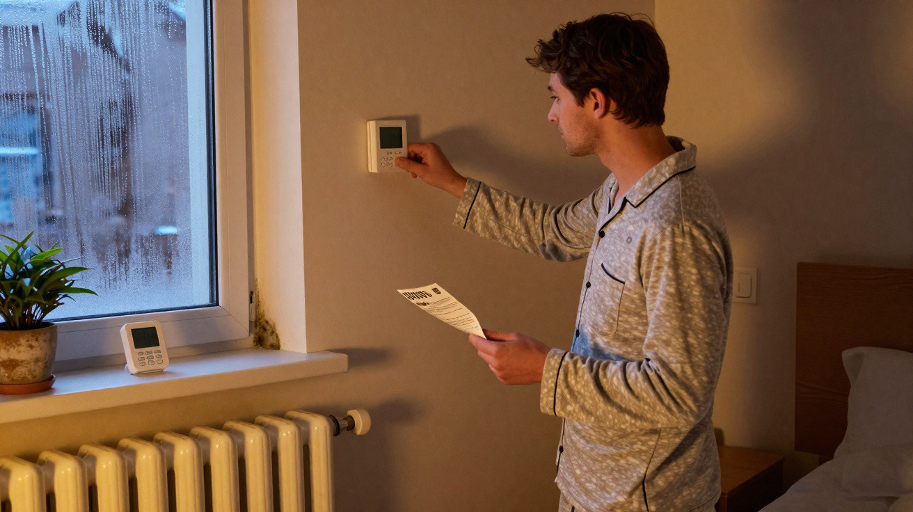 Man in grey patterned pyjamas adjusting a thermostat on a beige wall beside a foggy window.
