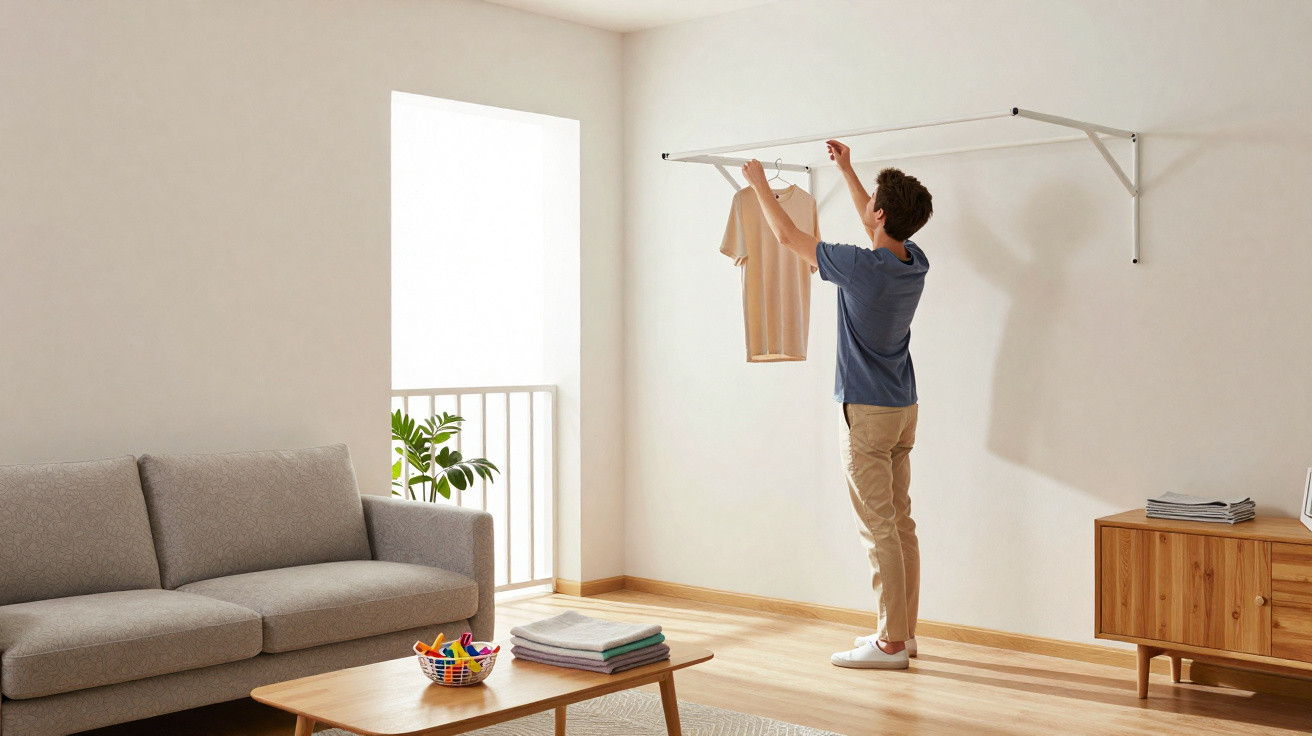 Person hanging a t-shirt on a wall-mounted drying rack in a bright, minimally furnished living room.