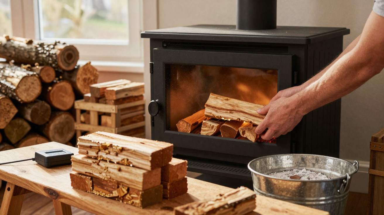 A person placing firewood into a burning wood stove with stacked logs and a metal ash bucket nearby.