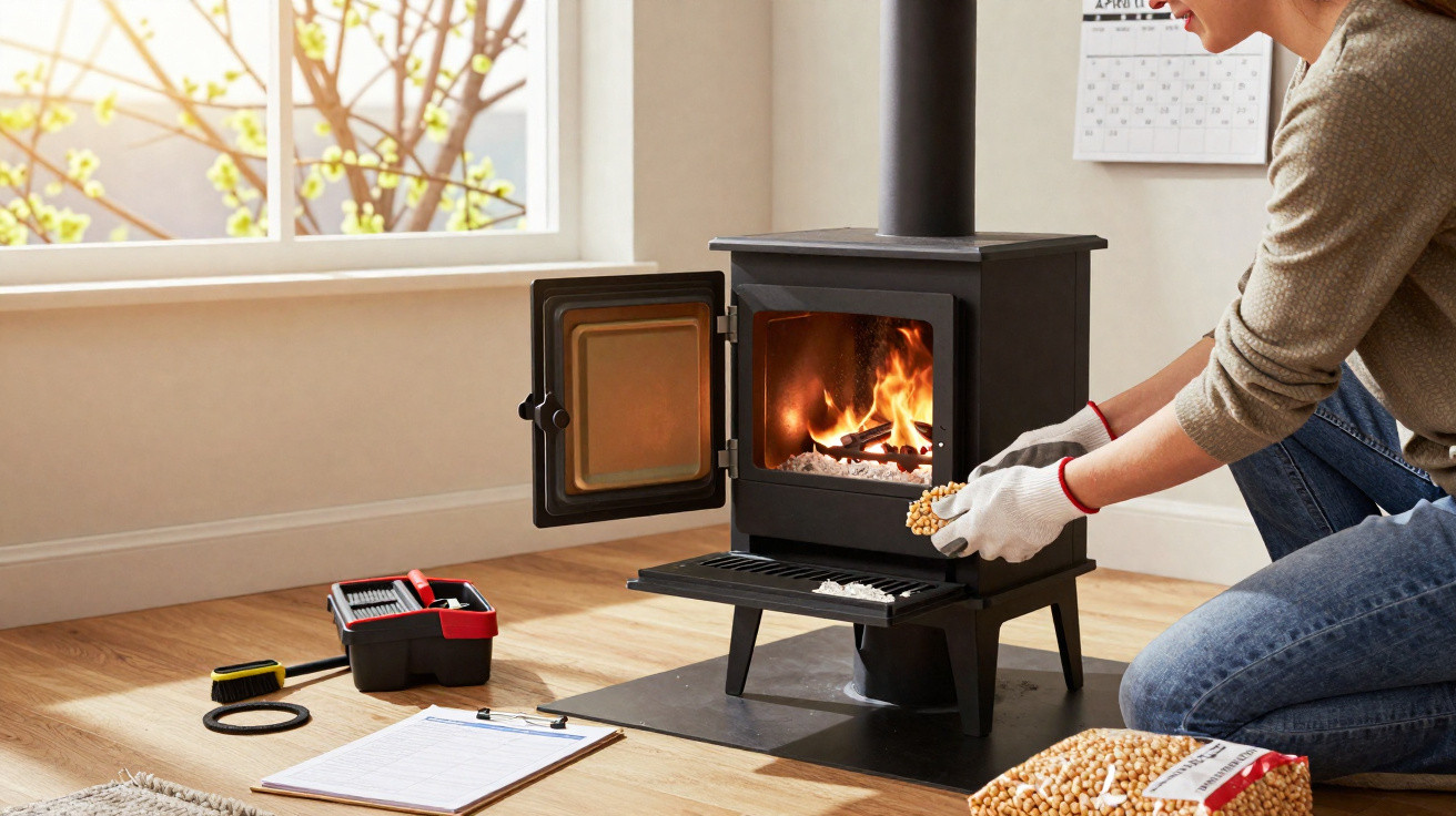 Person kneeling by a lit wood-burning stove, wearing gloves and adding wood pellets indoors.