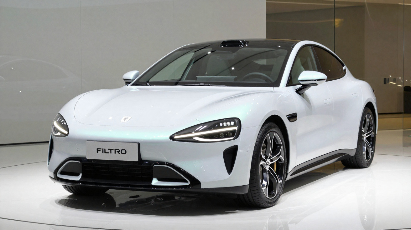 White four-door electric sports car with sleek design and black detailing displayed indoors.