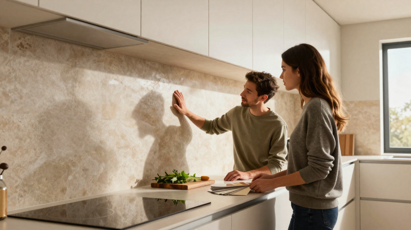 Couple examining kitchen backsplash with colour swatches in modern white kitchen with natural light.