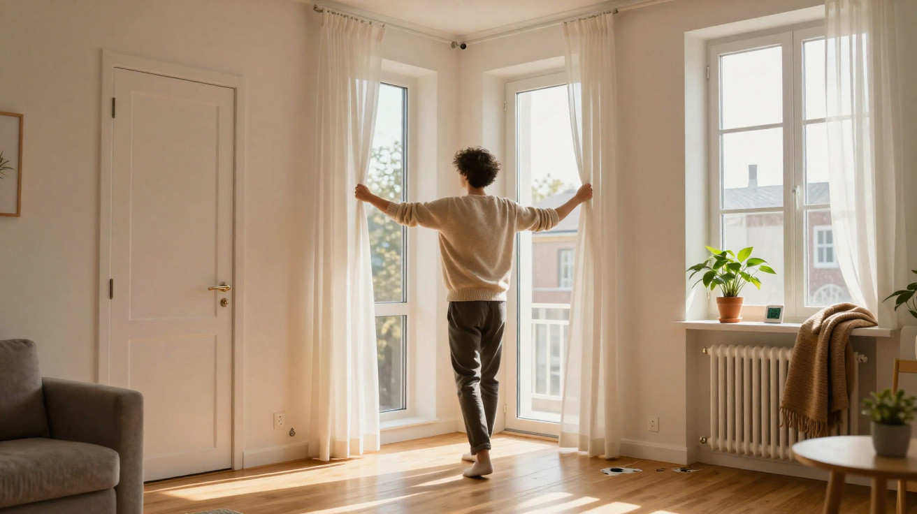 Person standing barefoot opening sheer curtains in a sunlit, modern living room with wooden floors.