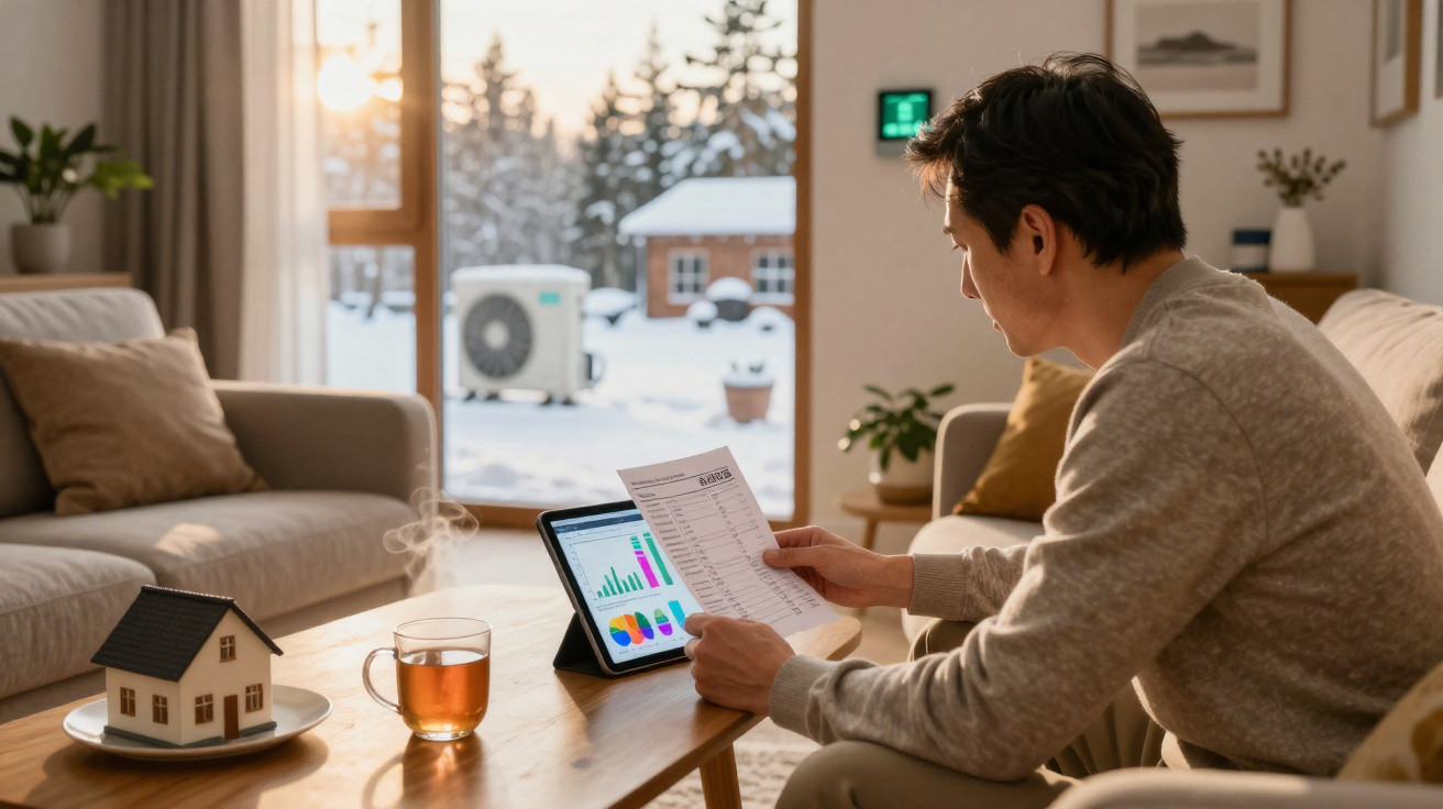 Man reviewing bills and charts on tablet in cosy living room with snowy garden outside window