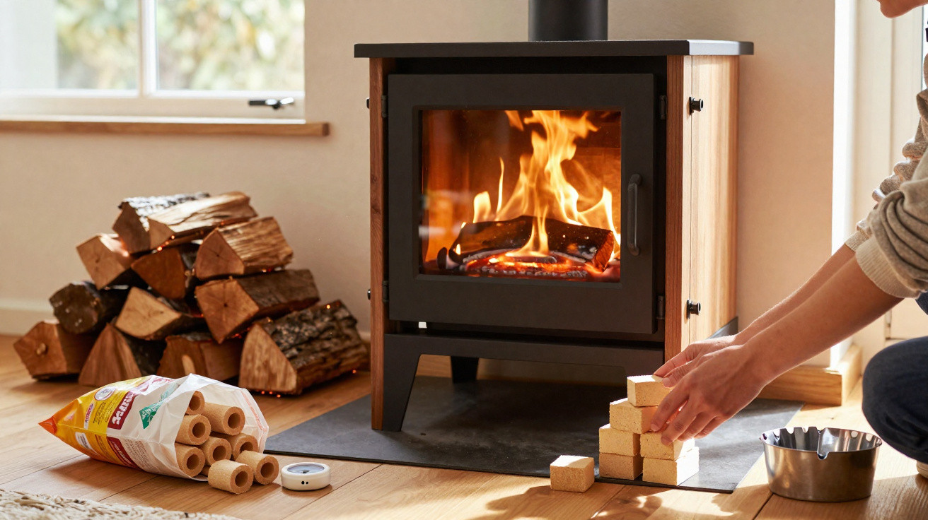 Person stacking fire starter cubes near a burning wood stove with a pile of logs and a bag of fire starters nearby.