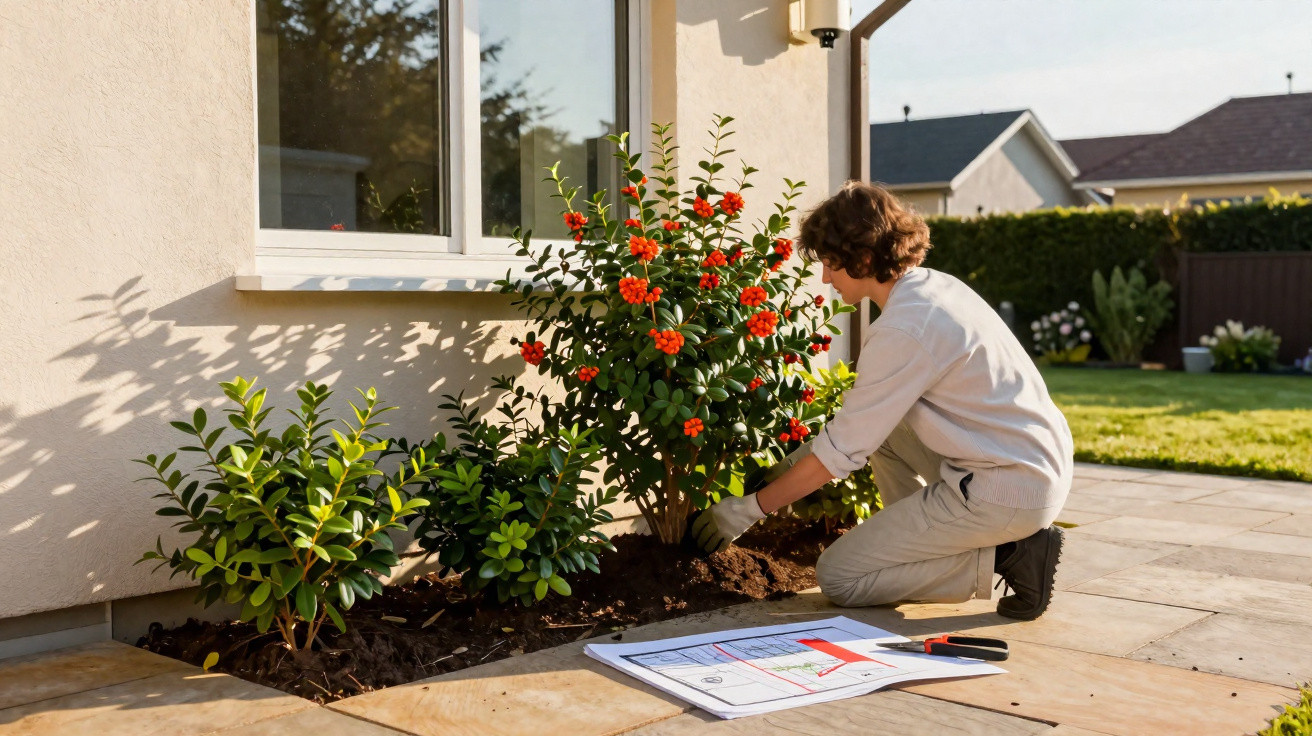 Person kneeling and planting a shrub with red berries in a garden bed outside a house on a sunny day.