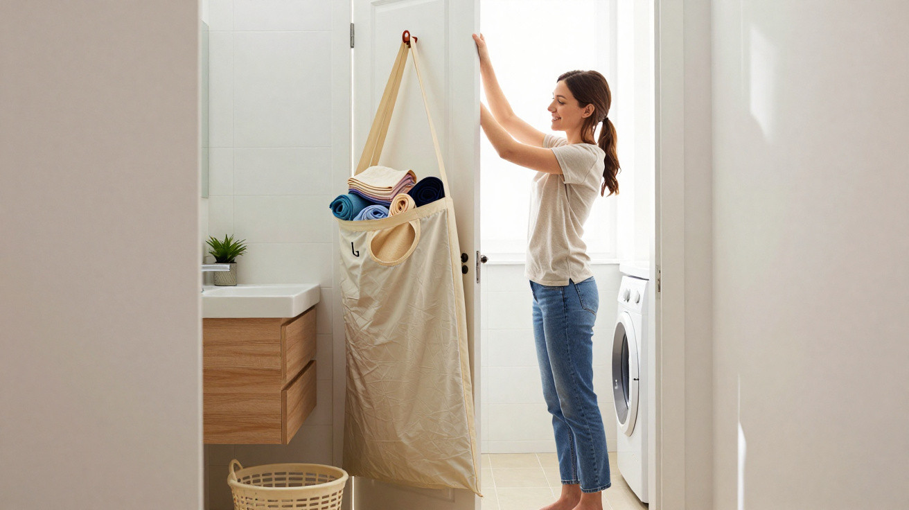 Woman hanging a beige laundry bag full of folded towels on a door in a bright utility room with a washing machine.