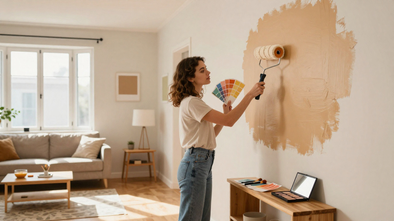 Woman using a paint roller to test beige paint on a wall while holding a colour swatch in a sunlit living room.