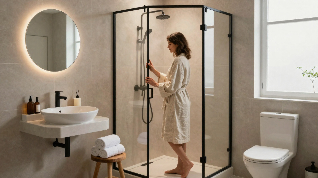 Woman in a bathrobe opening glass shower door in a modern bathroom with round mirror and wooden stool.