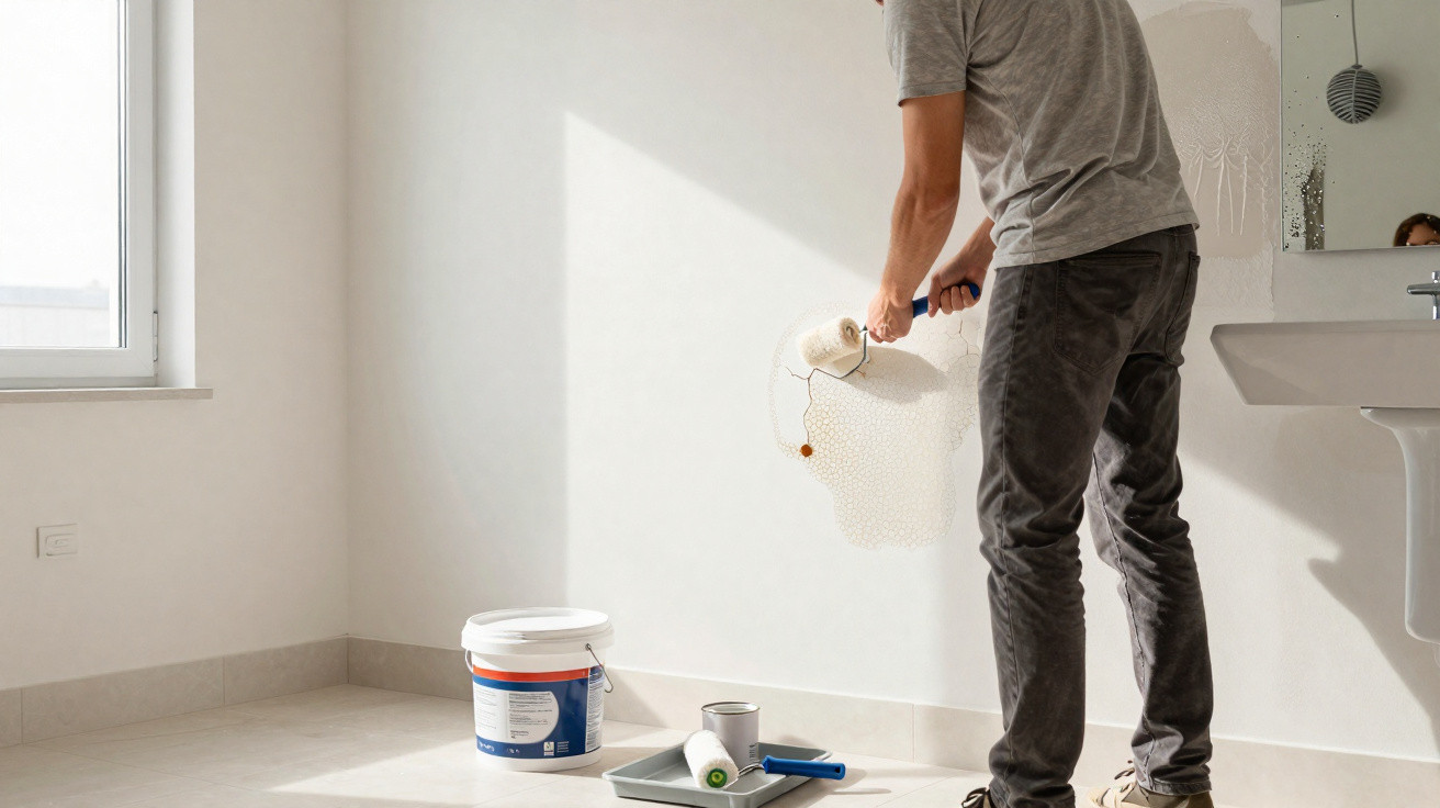 Person painting a white wall in a bright, empty room using a roller and paint bucket on the floor.