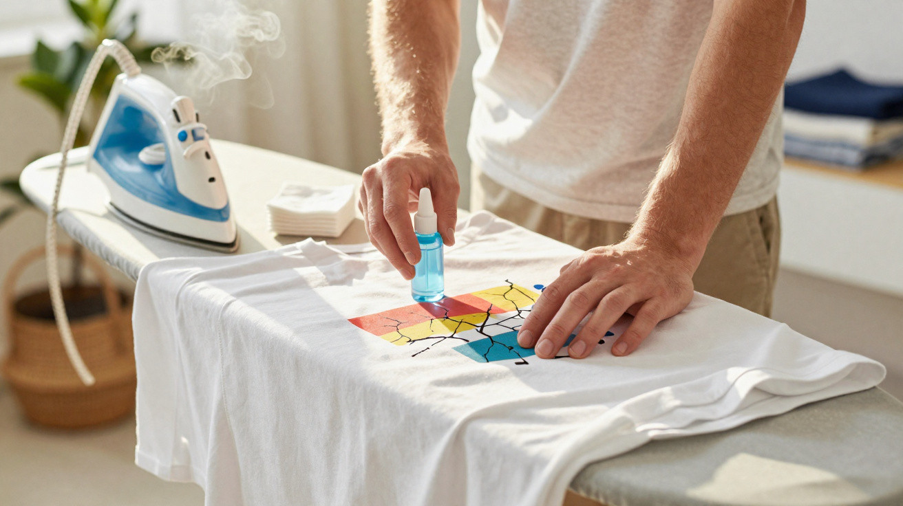 Person applying blue liquid to fix cracked design on white T-shirt on ironing board with iron steaming nearby