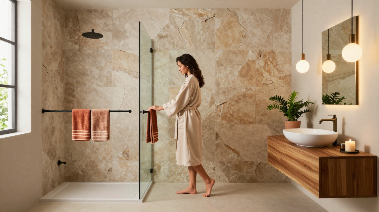 Woman in bathrobe opening glass shower door in a modern bathroom with beige stone tiles and wooden vanity.