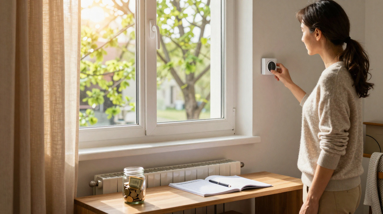 Woman adjusting a smart thermostat on a wall next to a sunlit window with a jar of coins and notebook on a desk.