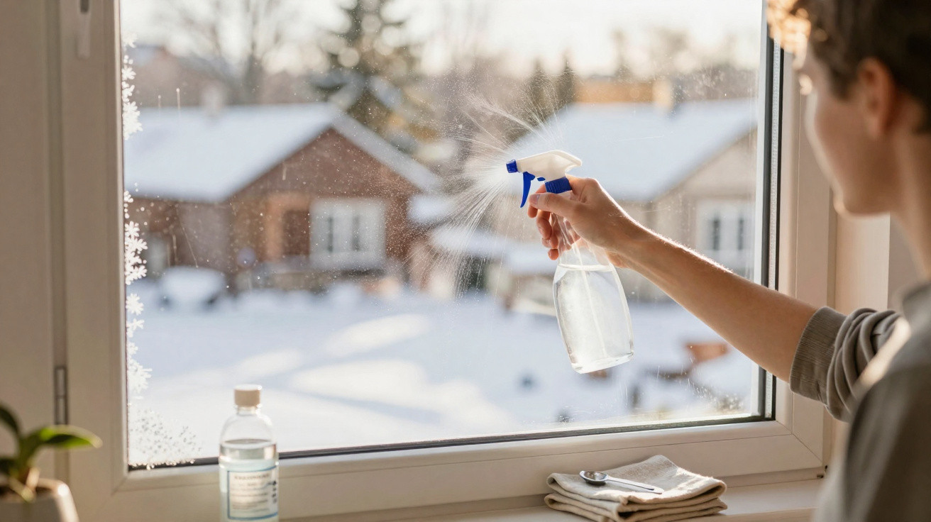 Person spraying cleaning solution on a frosted window with snowy houses visible outside.