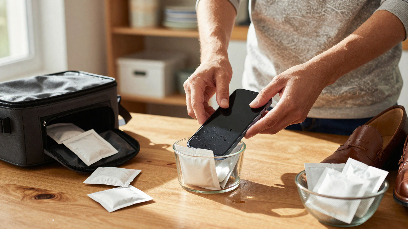 Person placing a wet smartphone into a drying packet inside a glass bowl on a wooden table.