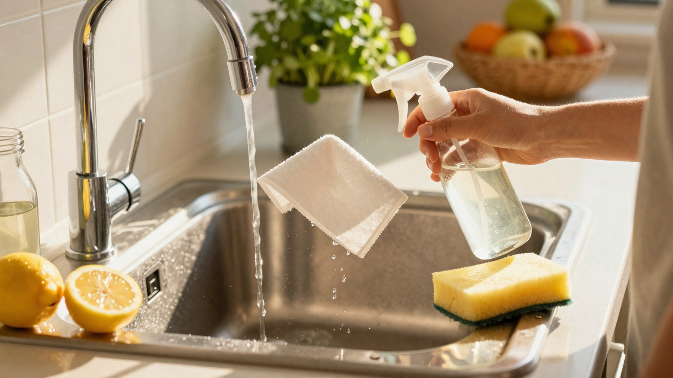 Hand holding a spray bottle above a kitchen sink with running water, lemon halves, sponge, and cloth nearby.