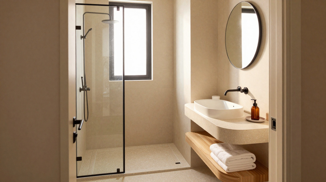 Minimalist bathroom with walk-in shower, round mirror, wall-mounted basin, and wooden shelf with towels.