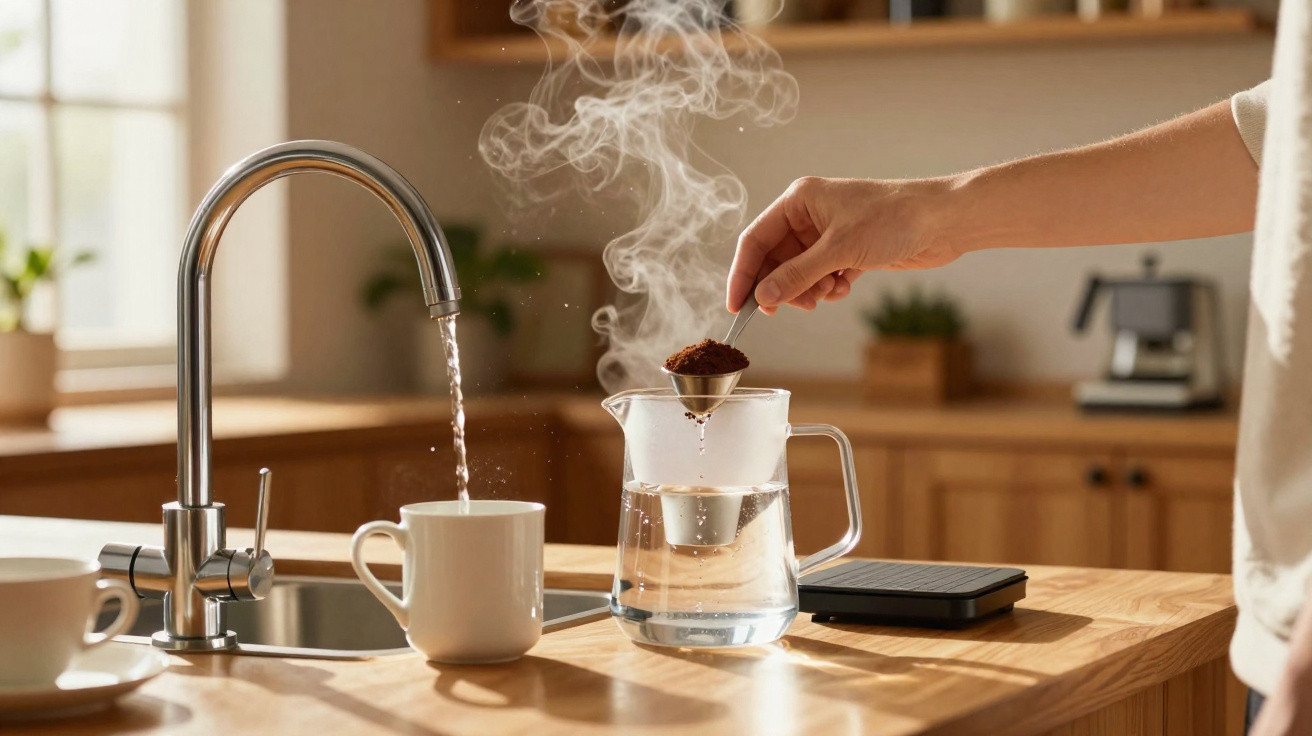 Hand placing a spoon of coffee grounds into a steaming filter over a glass jug with hot water in a kitchen.
