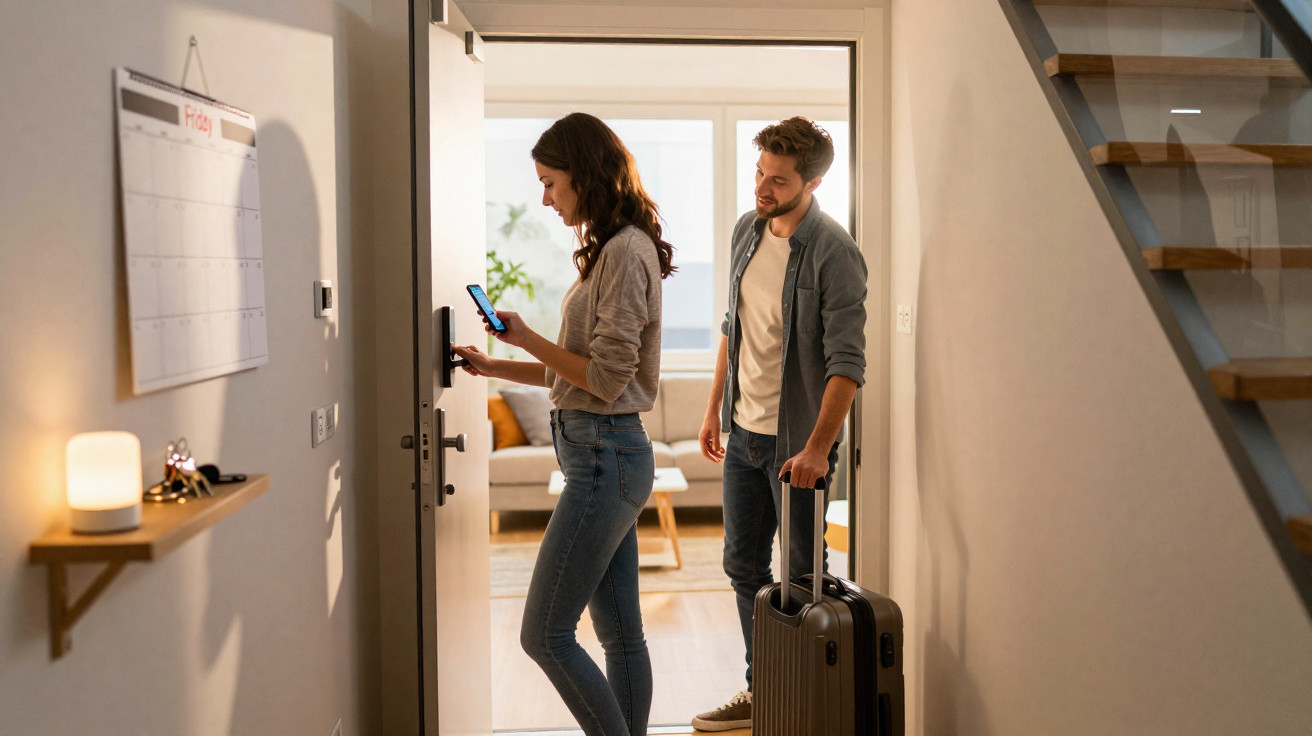 Couple entering home with a suitcase, woman unlocking the door with a smartphone and man standing behind her.