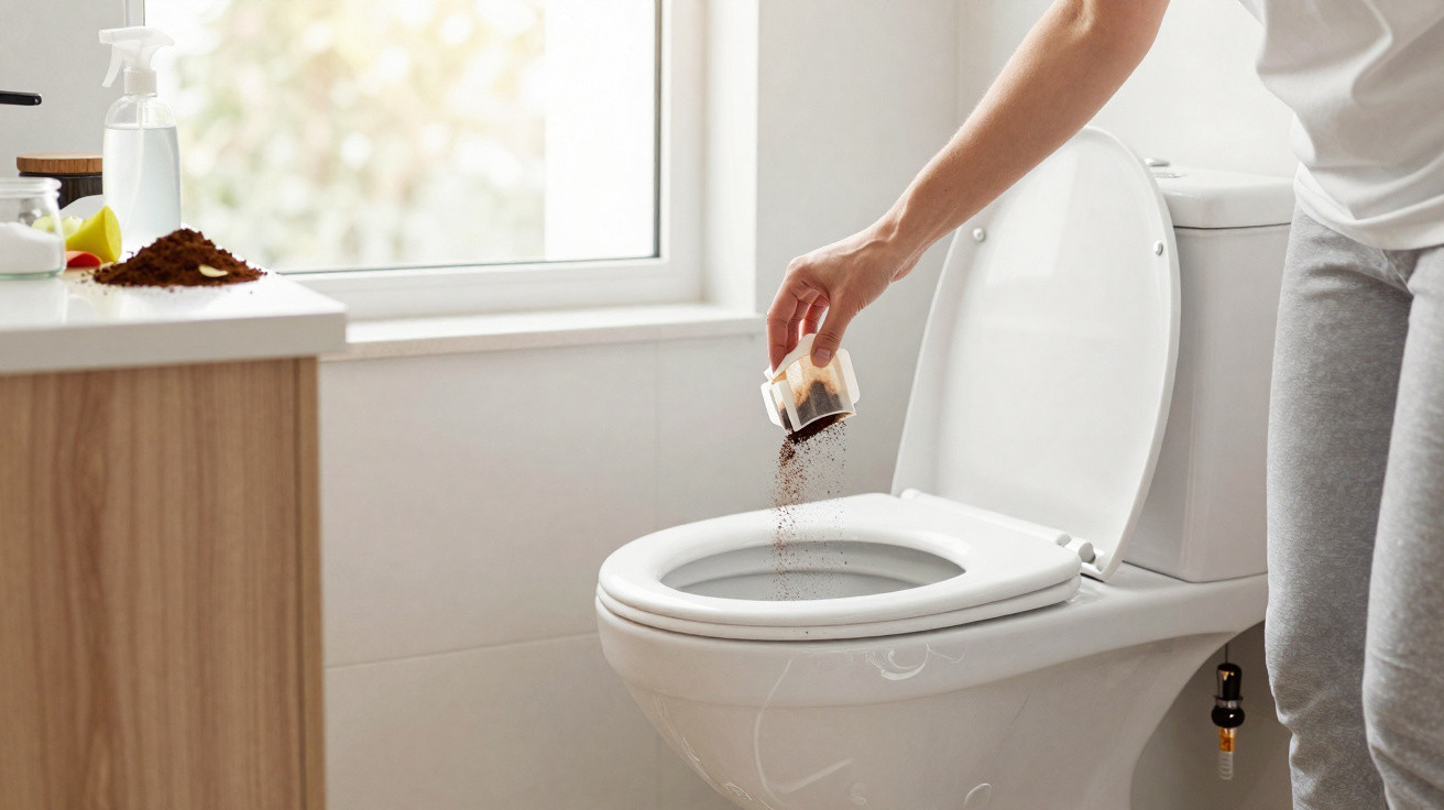 Person pouring coffee grounds into a white toilet bowl in a bright bathroom by a window.
