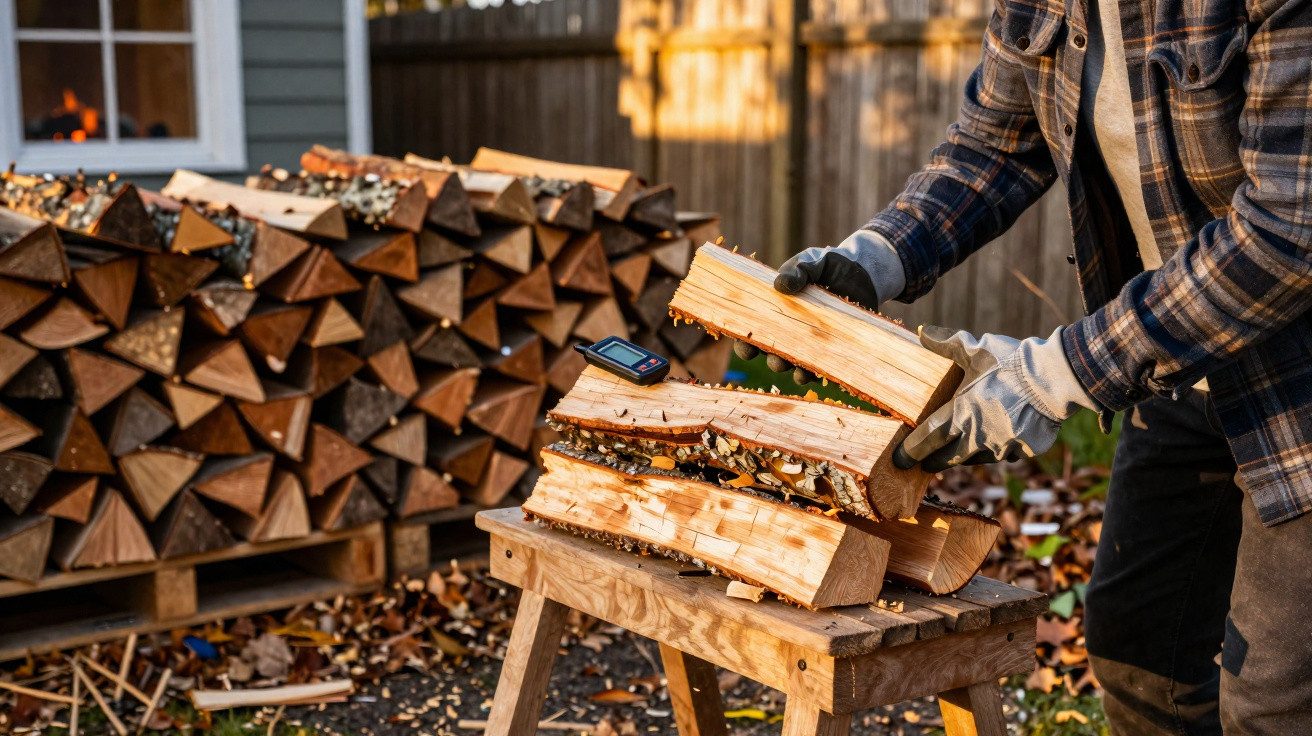 Person stacking freshly chopped firewood on a wooden bench outdoors by a large pile of logs.