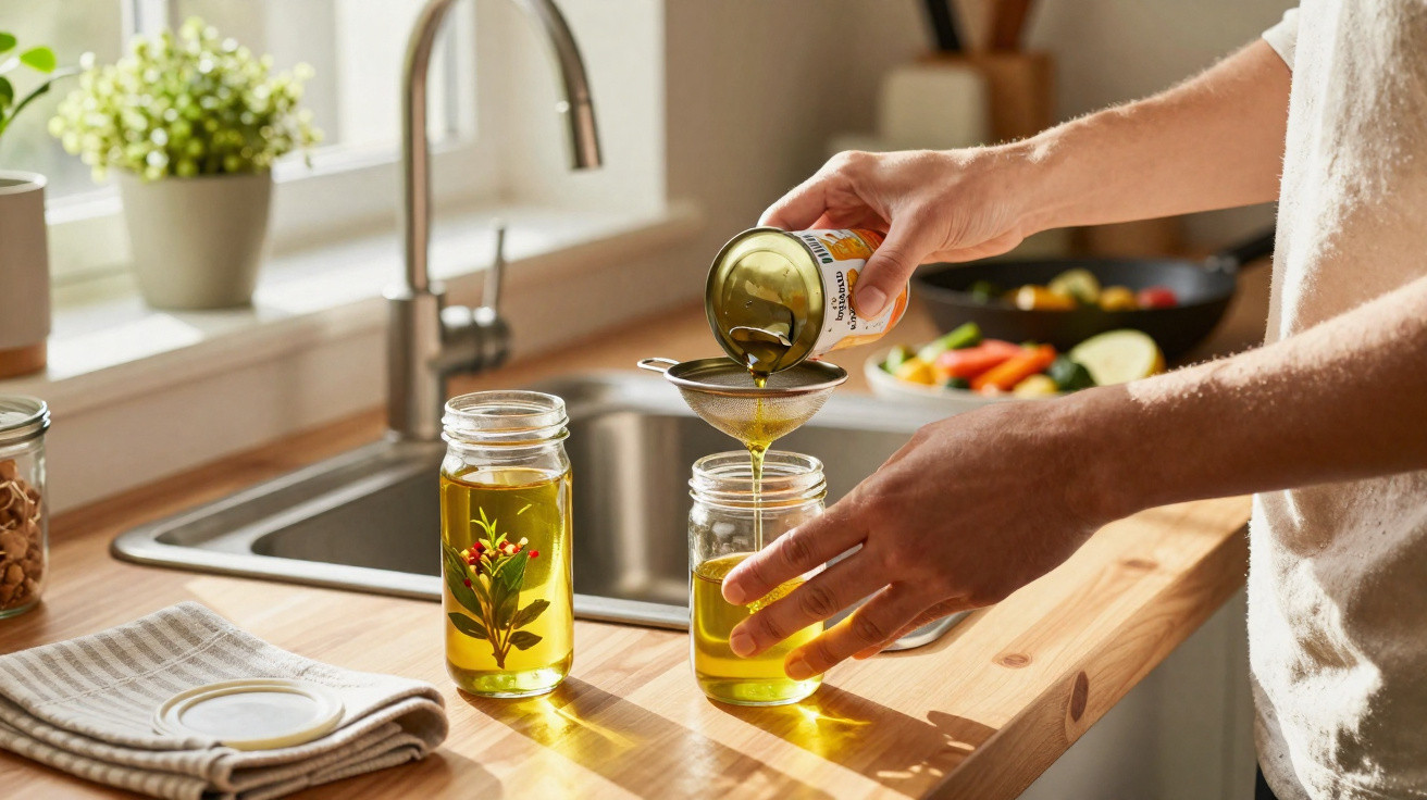 Person pouring olive oil through a small strainer into a glass jar on a kitchen counter.