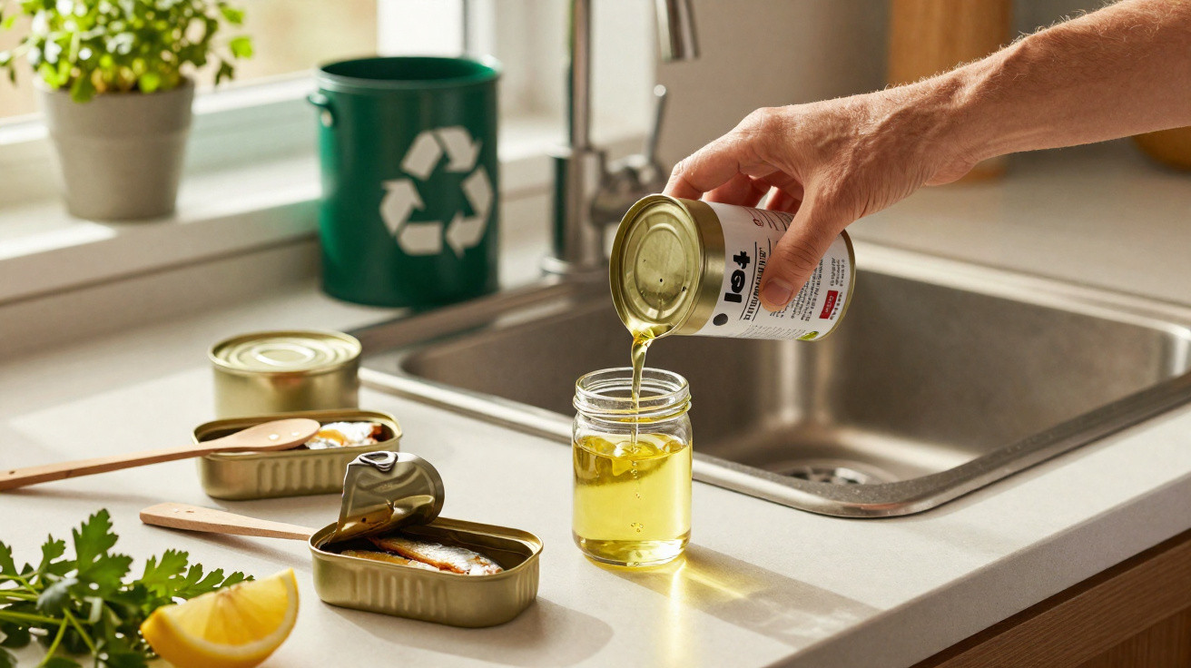 Hand pouring oil from a can into a glass jar on a kitchen countertop with sardine tins and lemon wedge nearby.