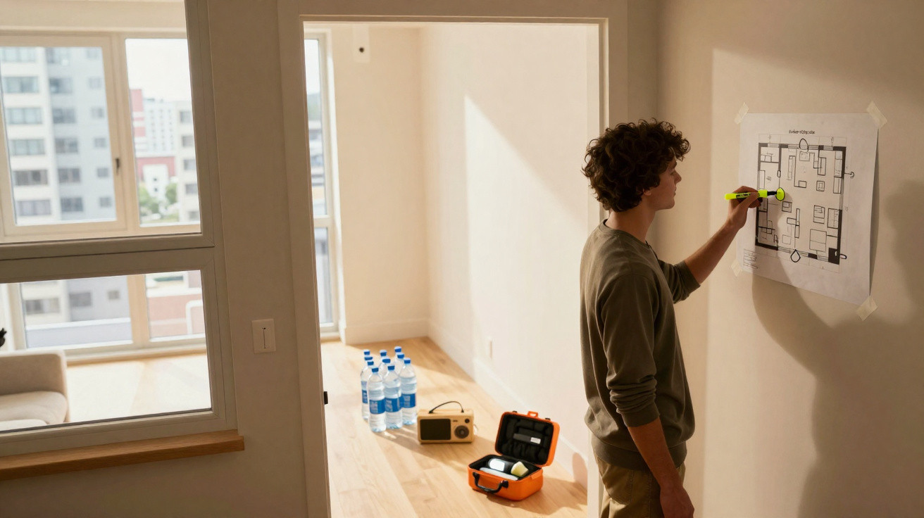 Person marking a floor plan taped to a wall in a sparsely furnished room with water bottles and supplies on the floor.