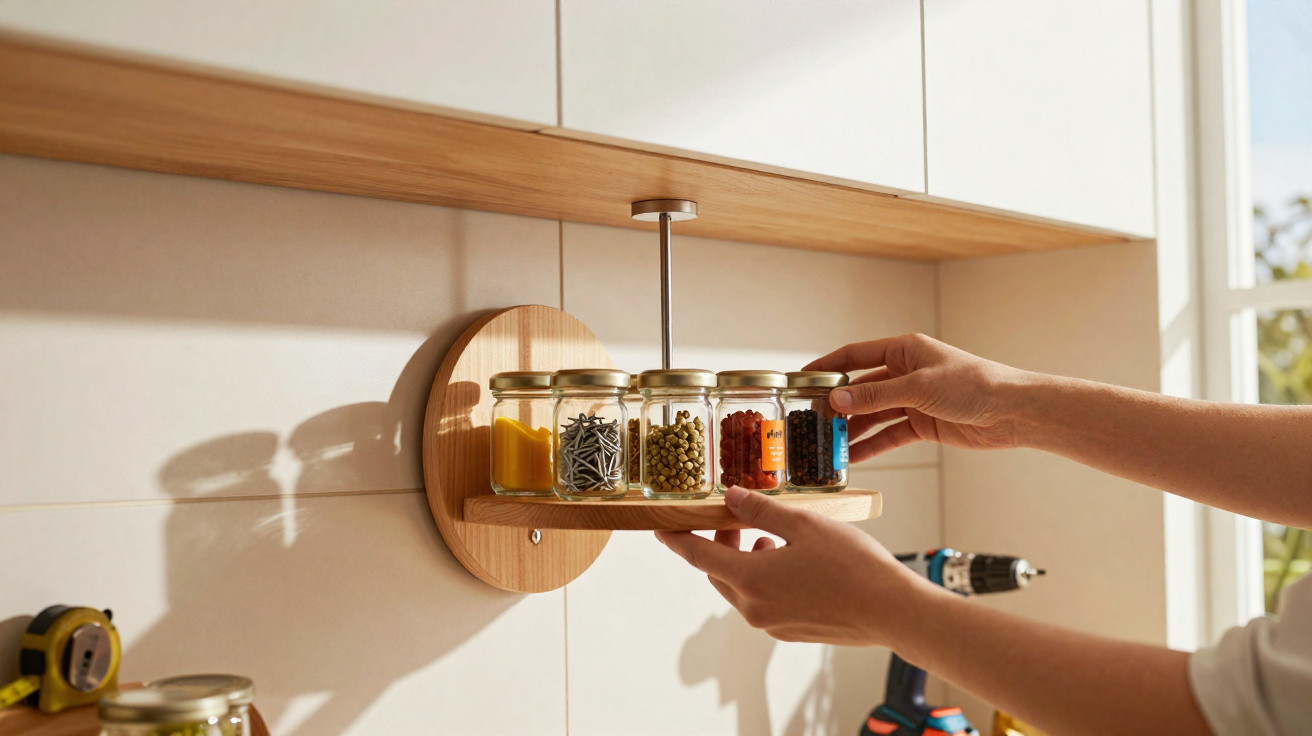 Hands installing a rotating wooden spice rack with glass jars on a tiled kitchen wall.